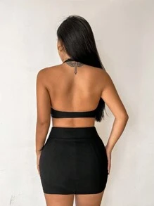 Zolique Button Front Halter Top & Bodycon Skirt - Black - View 2