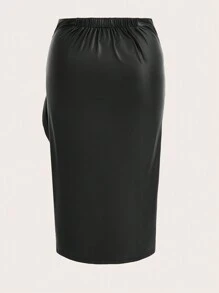 ROMWE PUNK Plus Twist Front PU Leather Wrap Knot Side Skirt - Black - View 2