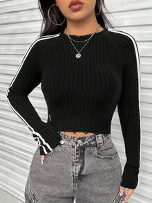 SHEIN Unity Sọc Bên Đồ đan Ribbed Áo len - màu đen - Xem 3