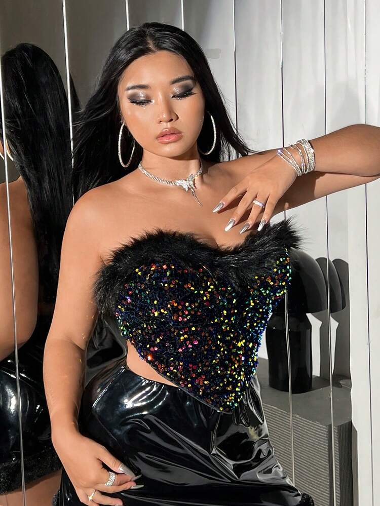 Plus Fuzzy Trim Sequin Tube Top