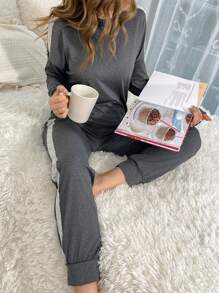 拼接側邊接縫落肩袖睡衣套裝 - 灰色 - 查看 2
