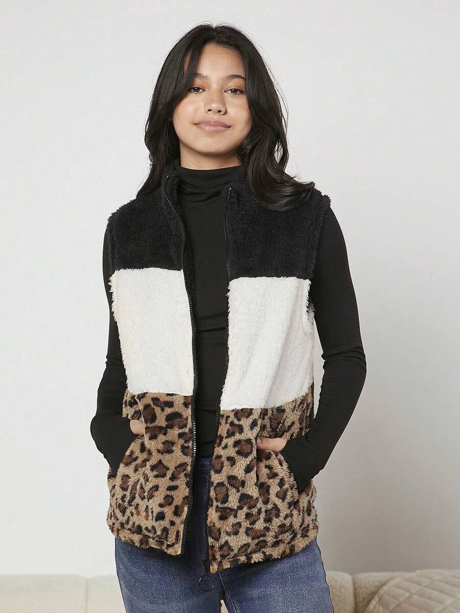 Tienermeisje Luipaardpatroon Kleurblok Met rits Teddy Vest jas