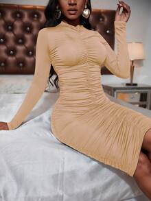 SHEIN SXY 正面褶皺小高領緊身洋裝 - 棕色 - 查看 5