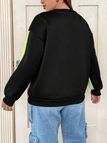Flirla Plus Slogan Graphic Colorblock Drop Shoulder Sweatshirt Pullover Fall Sweatshirt - Black - View 2