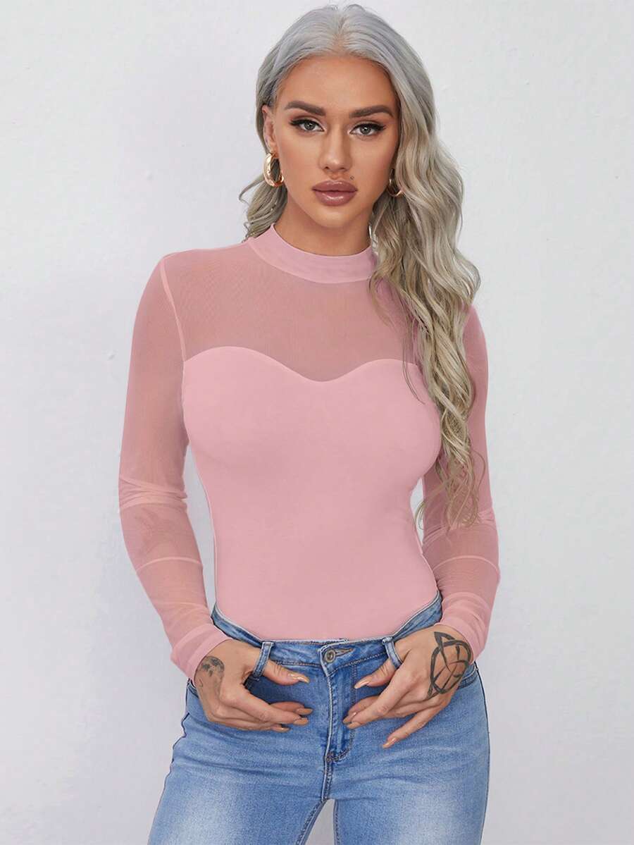 SHEIN Privé Ách lưới Cổ giả Thon gọn Áo - Bụi hồng - Xem 1