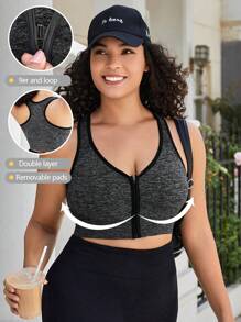 大碼拉鏈開襟撞色滾邊運動型胸罩 - 深灰色 - 查看 1