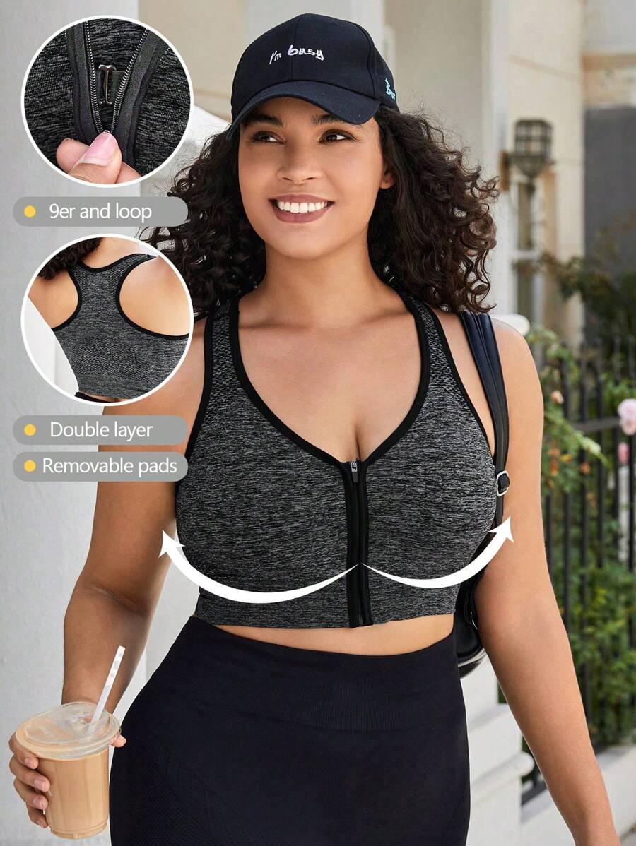 大碼拉鏈開襟撞色滾邊運動型胸罩 - 深灰色 - 查看 1