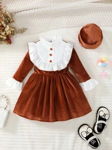 Đứa bé gái Hai âm Viền Ruffle Đầm - Rỉ Nâu - Xem 1