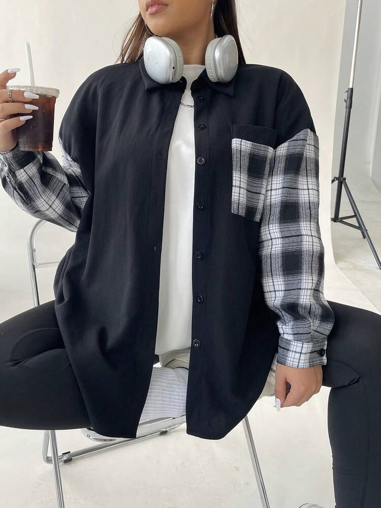 Plus Plaid Print Drop Shoulder Coat