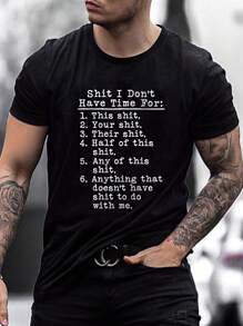 Manfinity Homme 男士字母标语图案短袖 T 恤，街头服饰，适合说唱歌手，适合外出 - 黑色 - 查看 1