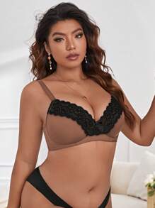 Plus Contrast Lace Underwire Bra - Multicolor - View 4