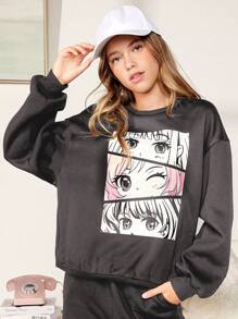 SHEIN Teen Girl Figure Graphic Drop Shoulder Pullover & Sweatpants - Grey - View 5
