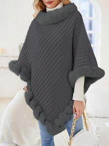 SHEIN Clasi 1 pieza Jersey poncho ribete lanudo de manga murciélago bajo con fruncido - Azul - Ver 5