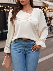 Celure Plus Asymmetrical Neck Flounce Sleeve Ruched Front Blouse - Apricot - View 6