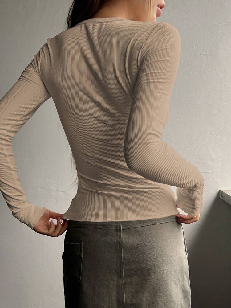 Half Button Ribbed Knit Tee,Fall Clothes,Back To School Clothes Long Sleeve Women Tops