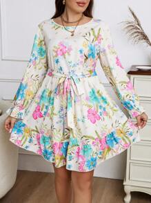 Calvaya 大碼印花喇叭袖繫腰帶洋裝 - 彩色 - 查看 1