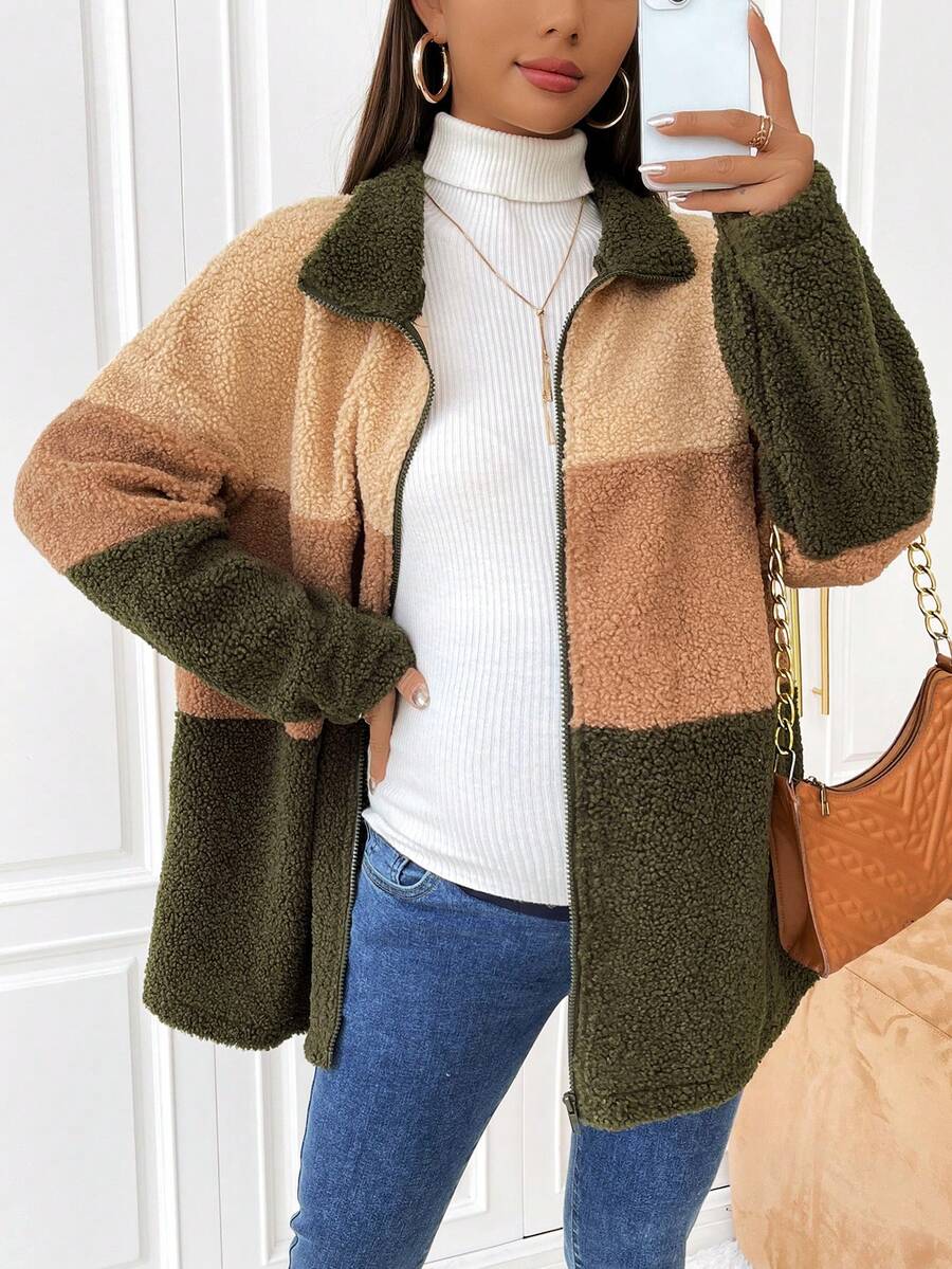 SHEIN 孕婦撞色落肩袖絨毛外套 - 彩色 - 查看 1