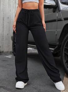 EURMUSE Solid Drawstring Waist Sweatpants - Black - View 5