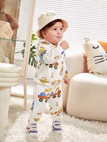 SHEIN 男嬰卡通圖案連帽衫和運動褲 - 杏色 - 查看 5