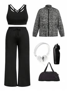 SHEIN Daily&Casual 大碼後背十字交叉運動型胸罩&夾克和褲子 - 黑與白 - 查看 1