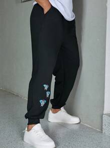 Manfinity Homme 男士大码字母圖案斜口袋衛褲 - 黑色 - 查看 3