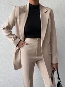EURMUSE Double Breasted Blazer & Pants - Beige - View 3