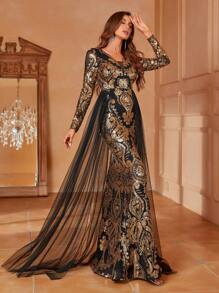 Faeriesty Plunging Neck Mesh Overlay Sequin Mermaid Dress - Black - View 1