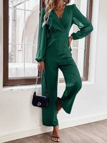 SHEIN Frenchy Surplice Neck Lantern Sleeve Wide Leg Jumpsuit - Green - View 3