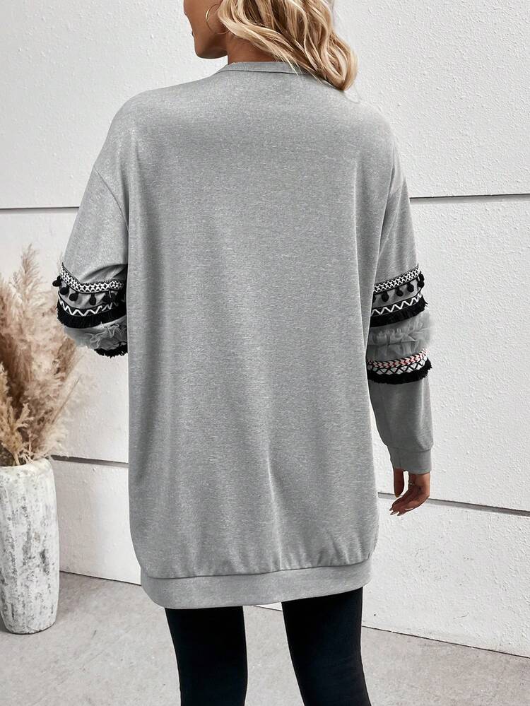 Geo Print Fringe Trim Dual Pocket Drop Shoulder Open Front Coat