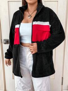 SHEIN Unity Plus Color Block Flap Pocket Drop Shoulder Teddy Coat - Multicolor - View 3