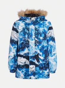 SHEIN Tween Boy Mountain Print Hooded Sports Coat