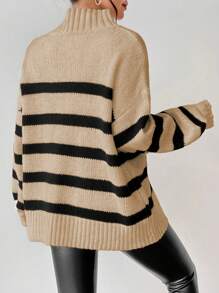 SHEIN LUNE Striped Pattern Mock Neck Drop Shoulder Sweater Knit Pullover Fall Winter Outfit - Khaki - View 8