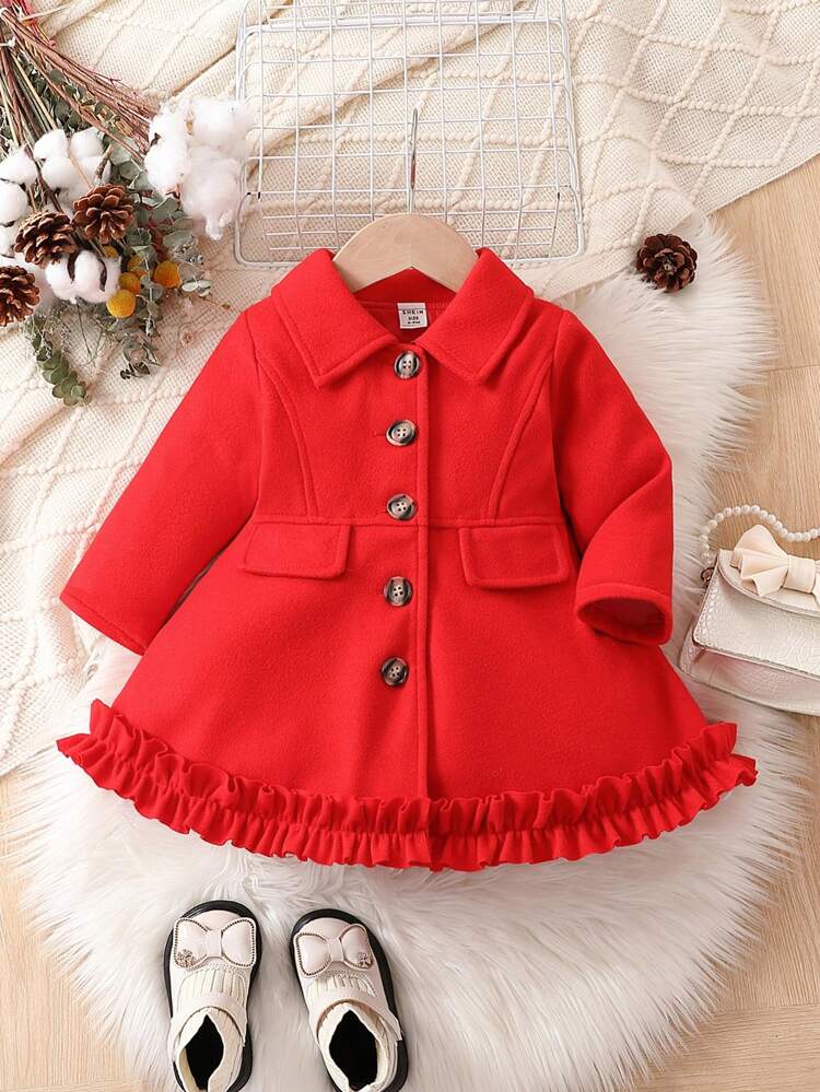Baby Girl Flap Detail Ruffle Hem Overcoat