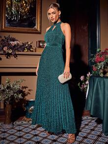 Simplee 鎖眼領金屬亮絲吊脖舞會洋裝 - 綠色 - 查看 6