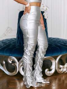 SHEIN X GiudiceGirls Set Top bandeau de color metálico con pantalones - Plateado - Ver 2