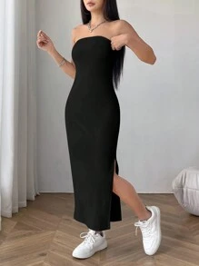 SHEIN EZwear Chất rắn Đầm bó sát ống - màu đen - Xem 3