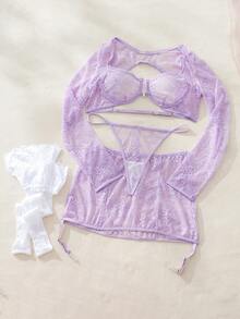SHEIN Set de lencería con encaje floral con aro con liga - Morado - Ver 3
