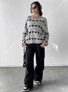 SHEIN Unity Heart Pattern Drop Shoulder Knit Pullover Fall Winter Sweater - Multicolor - View 5