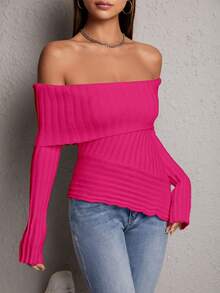 SHEIN PETITE Gấp lại Off Shoulder Viền không đối xứng Áo len - Màu Hồng Tươi - Xem 4
