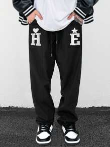 Manfinity Roghcode 男士字母圖案腰部抽繩衛褲 - 黑色 - 查看 6