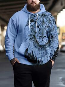 Manfinity LEGND Men Plus Lion Print Kangaroo Pocket Drawstring Hoodie - Baby Blue - View 1