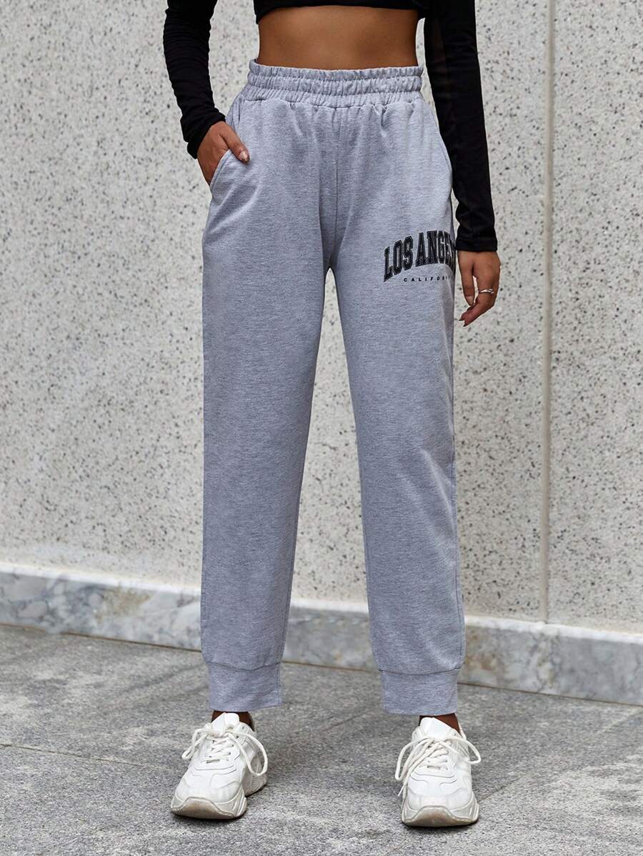 EURMUSE Letter Graphic Elastic Waist Sweatpants - Grey - View 1