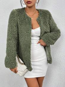 Chiquease Open Front Fuzzy Coat Fall Cloth For Women - Green - View 1