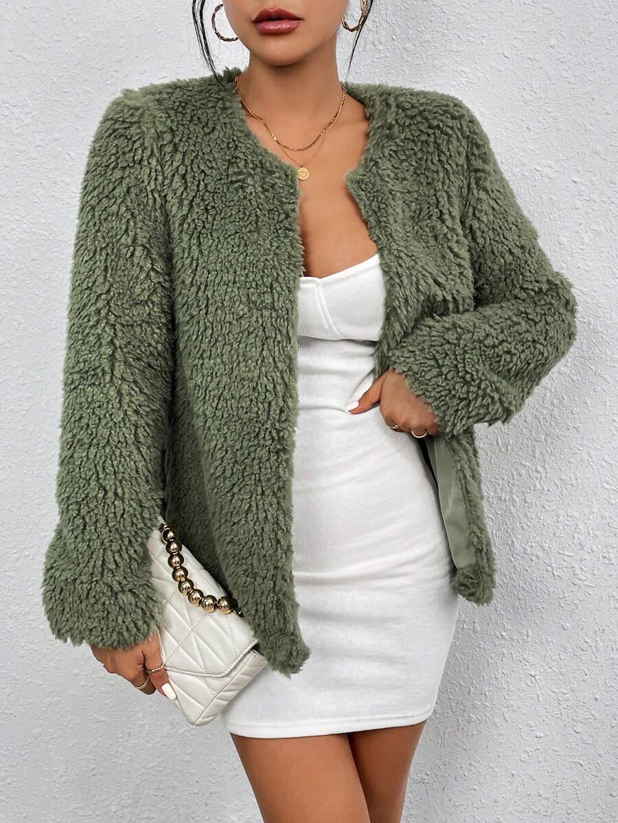 Chiquease Open Front Fuzzy Coat Fall Cloth For Women - Green - View 1
