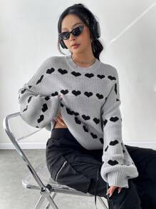 SHEIN Unity Heart Pattern Drop Shoulder Knit Pullover Fall Winter Sweater - Multicolor - View 3