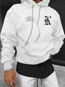 Manfinity Homme Men Plus Slogan Graphic Kangaroo Pocket Drawstring Hoodie - White - View 1
