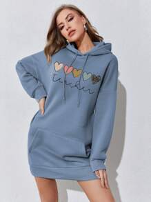 SHEIN EZwear 愛心和字母圖案袋鼠口袋落肩袖抽繩連帽洋裝 - 藍色 - 查看 1