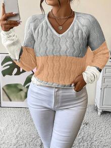 SHEIN LUNE Plus Colorblock Raglan Sleeve Sweater - Dusty Pink - View 5