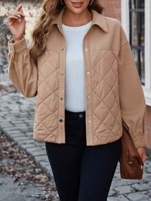 SHEIN LUNE Thả vai Cúc bấm Áo khoác Quilted - Màu be - Xem 2