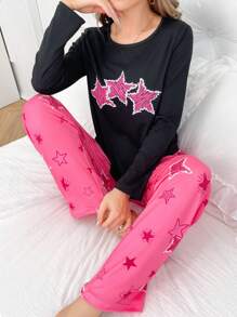 Star Print PJ Set - Black - View 4